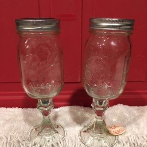 TWO Country Girls FUN Wine Glasses Pair Ball Mason Jars w/Lids 9" Tall 12oz